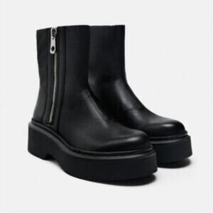 Zara Black Leather Ankle Boots with Silver Zipper